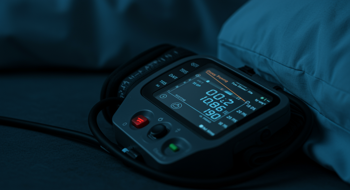 Photorealistic blood pressure monitoring with sleep extension visualization, showing cardiovascular improvement with longer sleep, soft medical lighting, no text