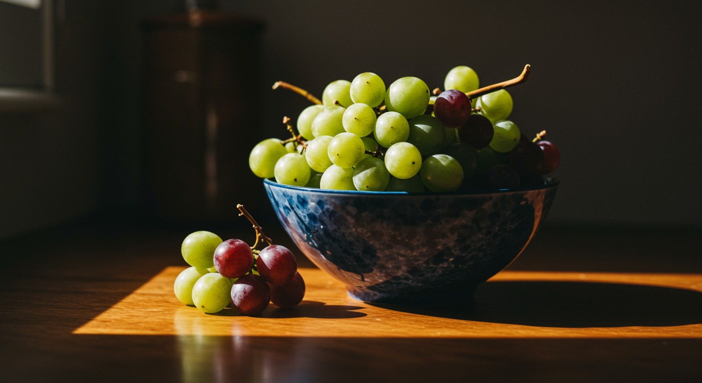 A bowl of fresh purple and green grapes on a sunlit wooden kitchen counter with soft natural daylight