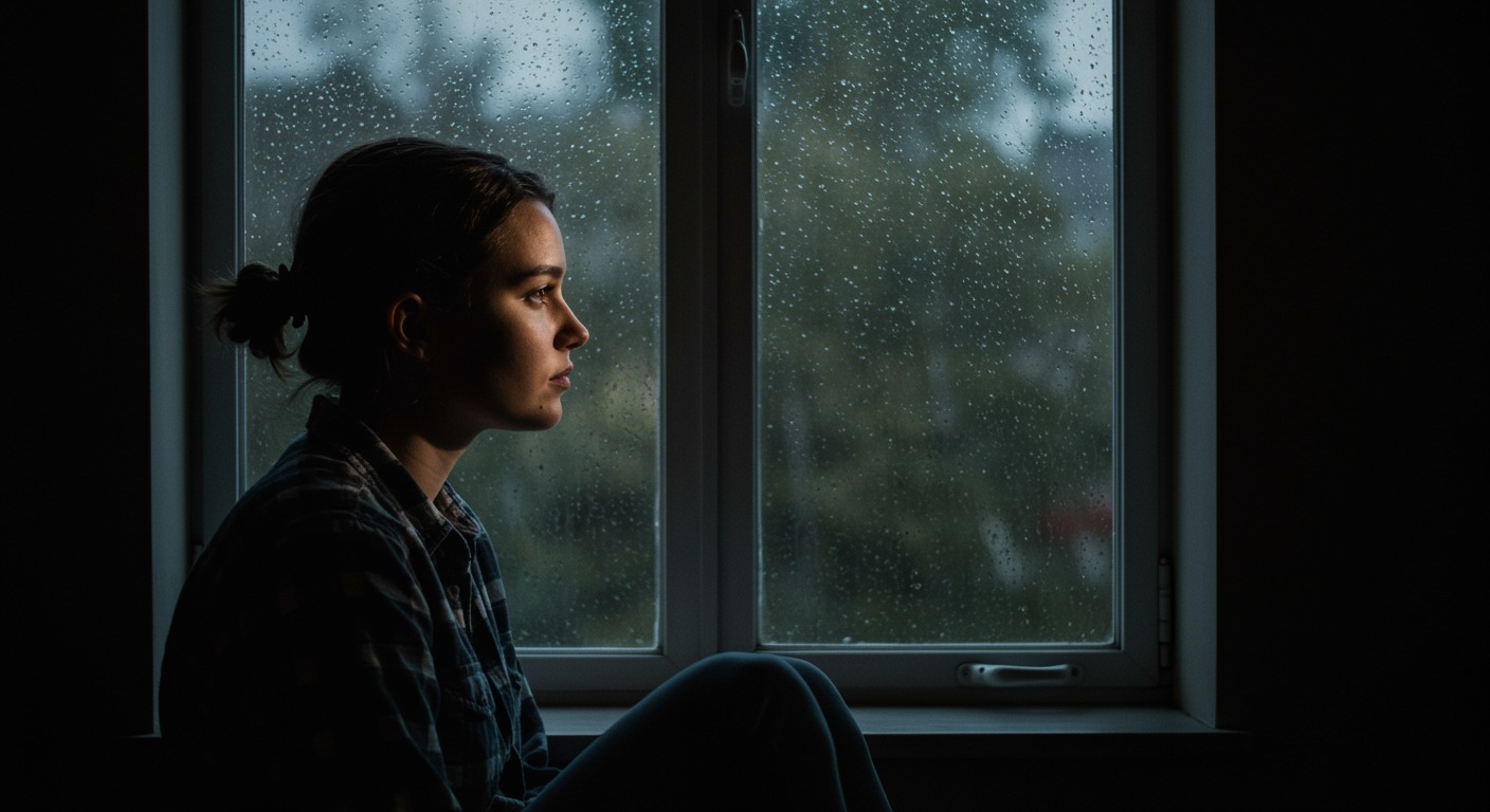 Person sitting by a rain-streaked window with soft overcast light casting gentle shadows across their face
