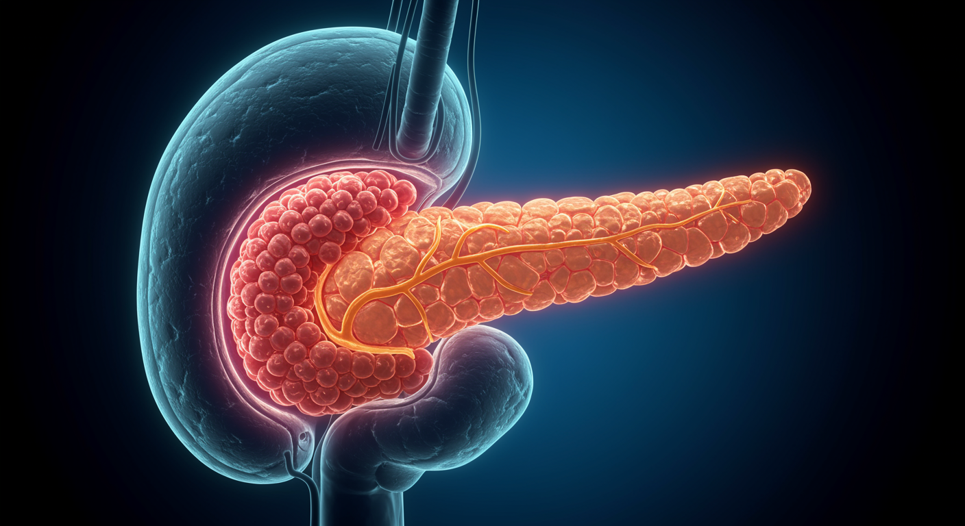 Human pancreas anatomy illustration with detailed islet cells, medical illustration style, no text, scientific accuracy