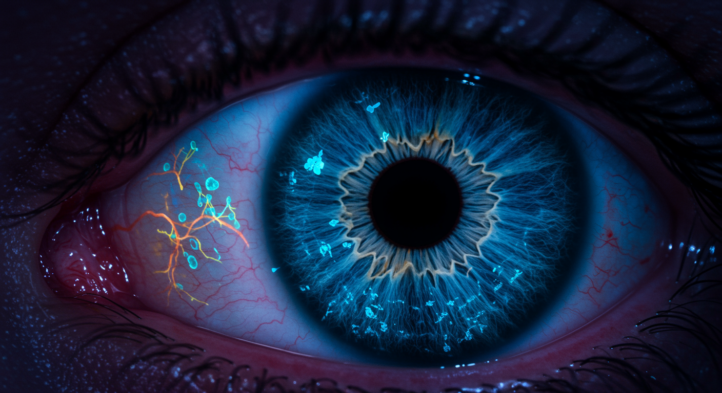 Photorealistic cross-section of human eye showing specialized ganglion cells responding to light, with neural pathways to brain, soft blue scientific lighting, no text