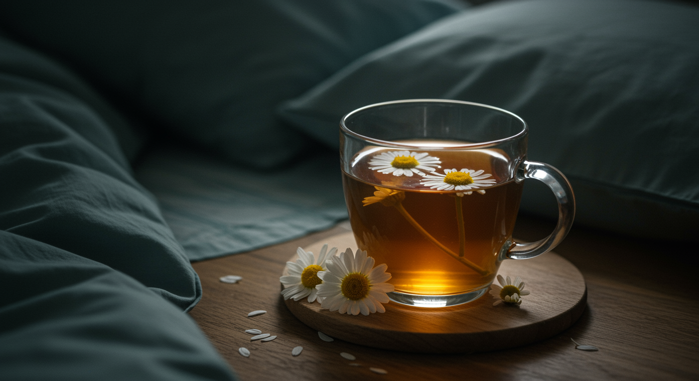 Photorealistic chamomile tea with flowers showing sleep quality improvement in elderly, peaceful bedtime scene, soft herbal lighting, no text