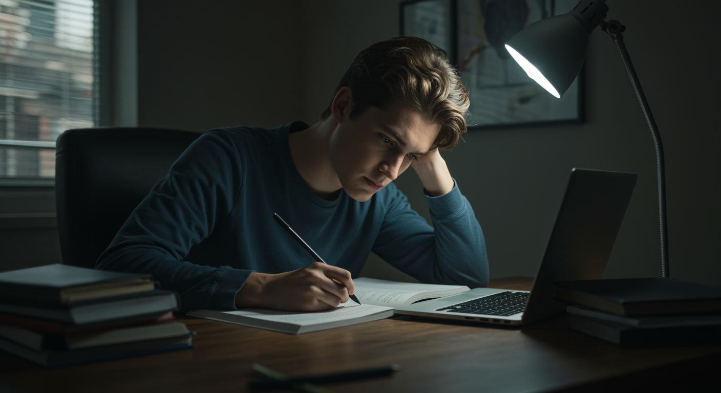 Photorealistic college student studying late with irregular sleep schedule visualization, showing academic impact of inconsistent sleep timing, soft educational lighting, no text