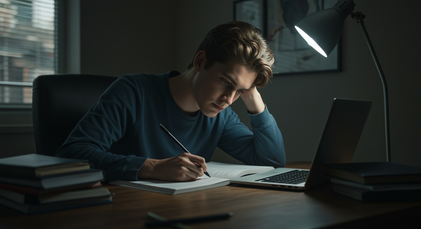 Photorealistic college student studying late with irregular sleep schedule visualization, showing academic impact of inconsistent sleep timing, soft educational lighting, no text