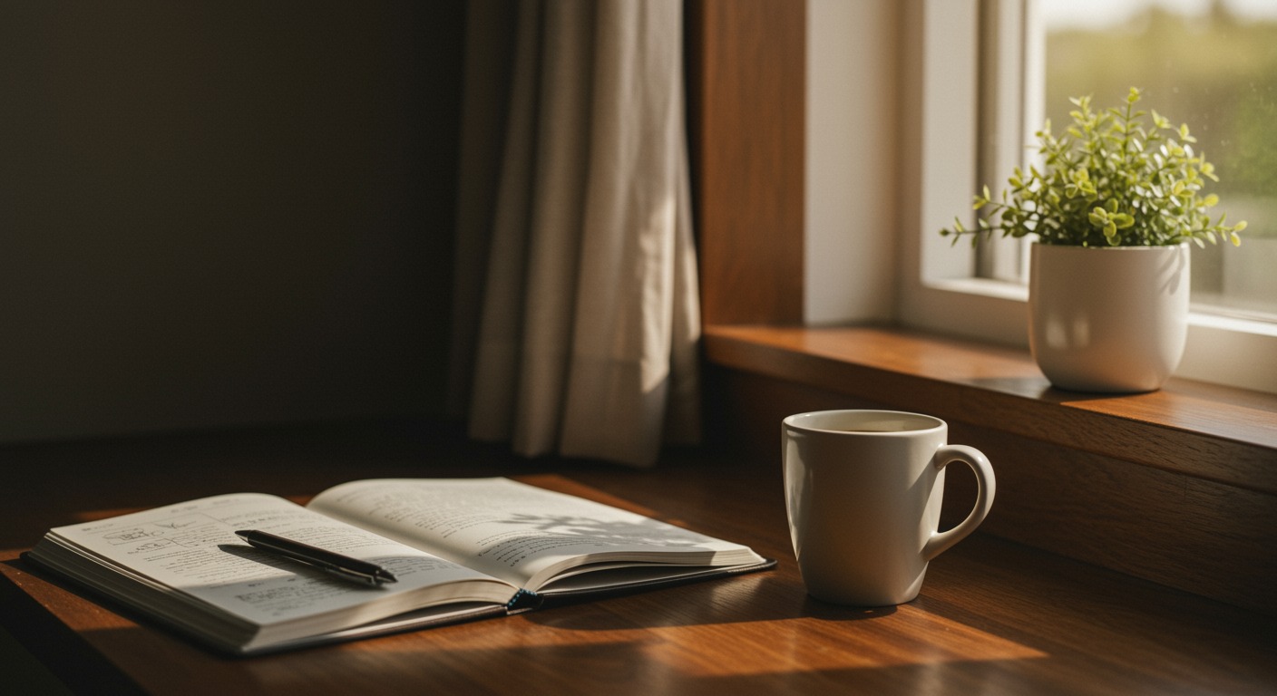 Open notebook and a cup of coffee on a wooden desk by a window with warm soft morning light and a small potted plant