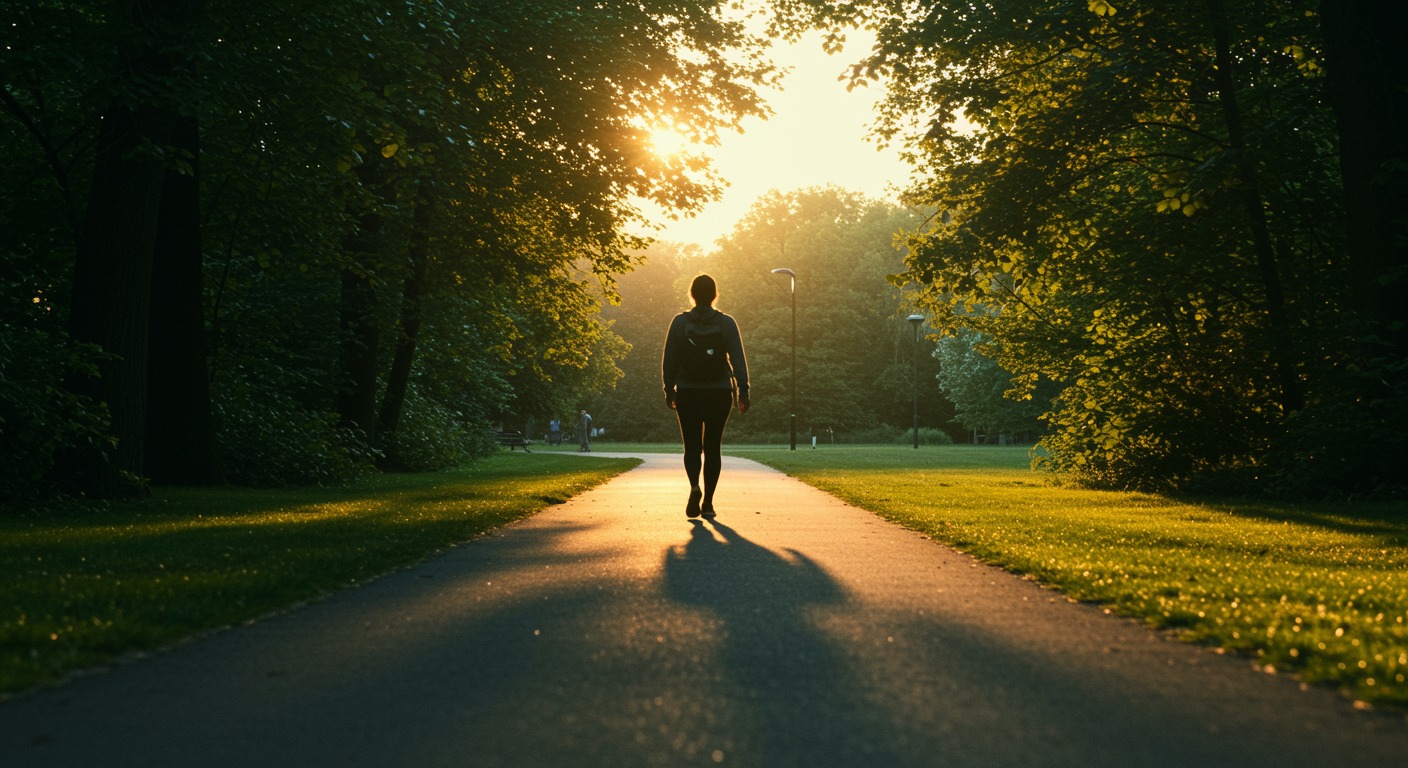 A person walking briskly along a sunlit park path at golden hour with green trees in the background