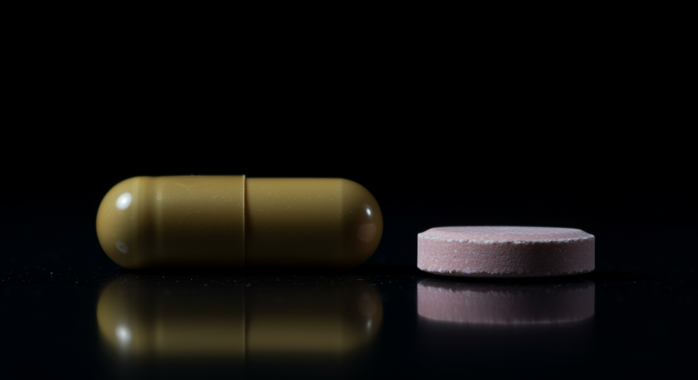 L-theanine capsule with sertraline tablet in clinical lighting