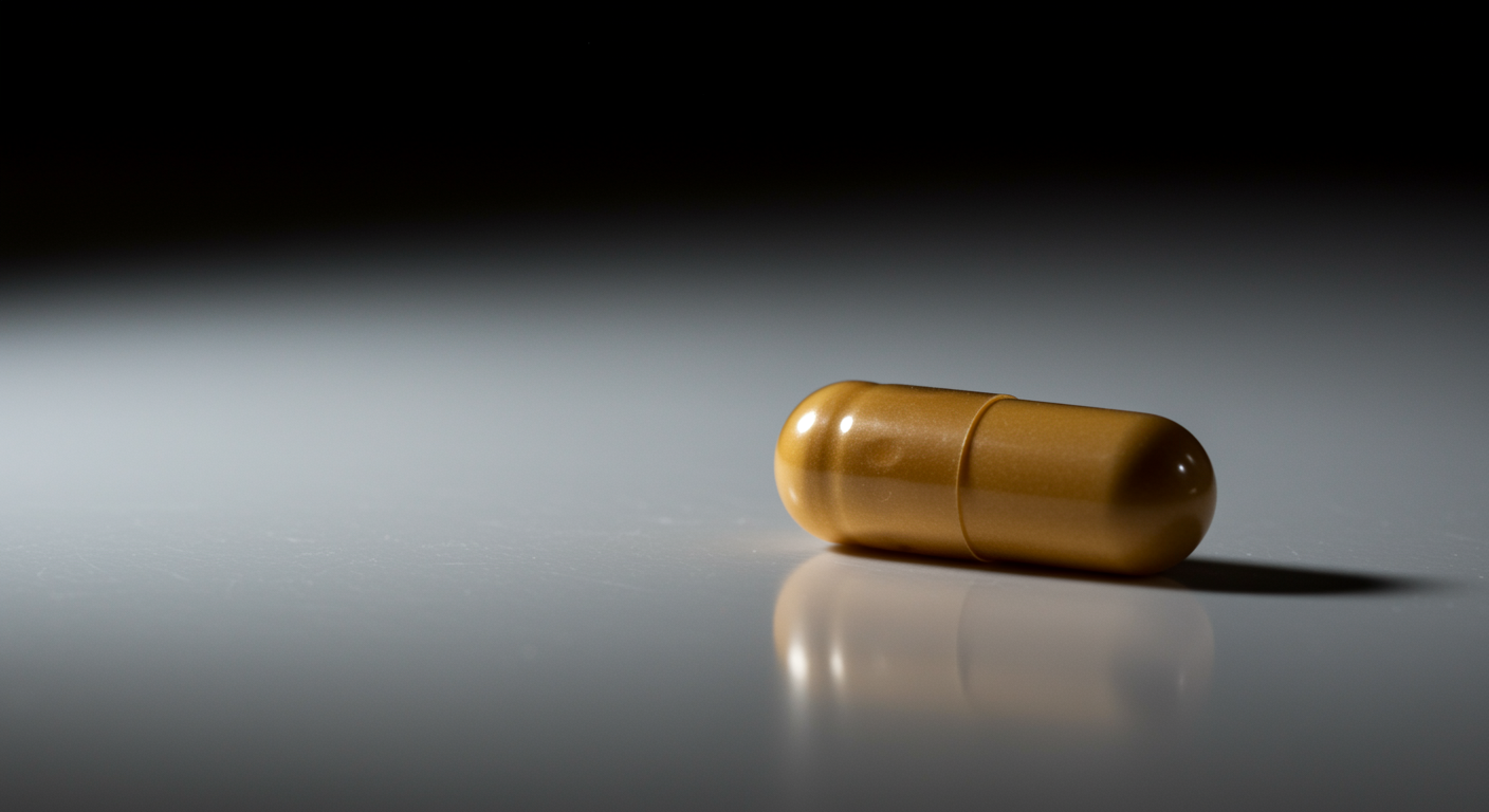 Single L-tryptophan supplement capsule on clean white surface with soft natural lighting