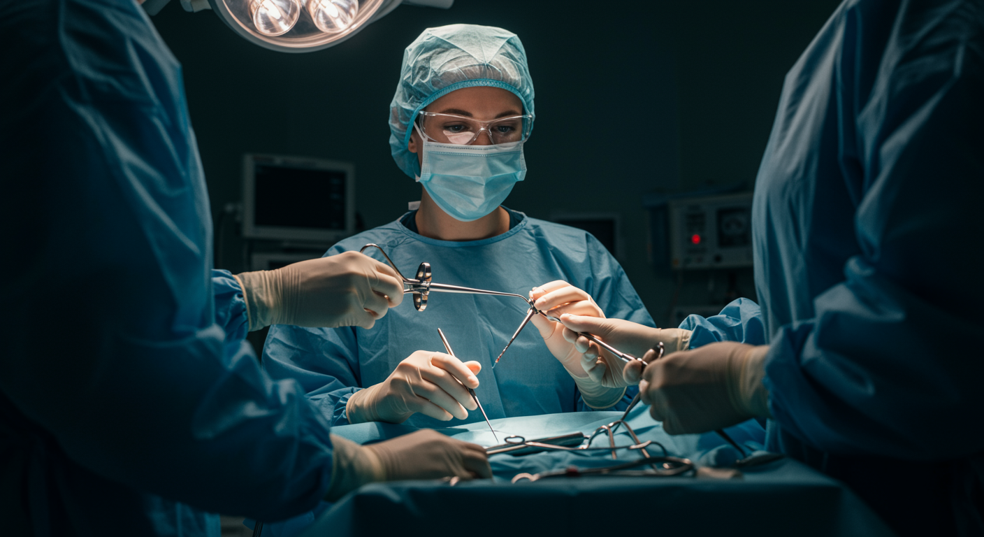 Photorealistic surgical simulation showing laparoscopic performance testing after sleep deprivation, with precision and skill measurement visualization, soft medical training lighting, no text