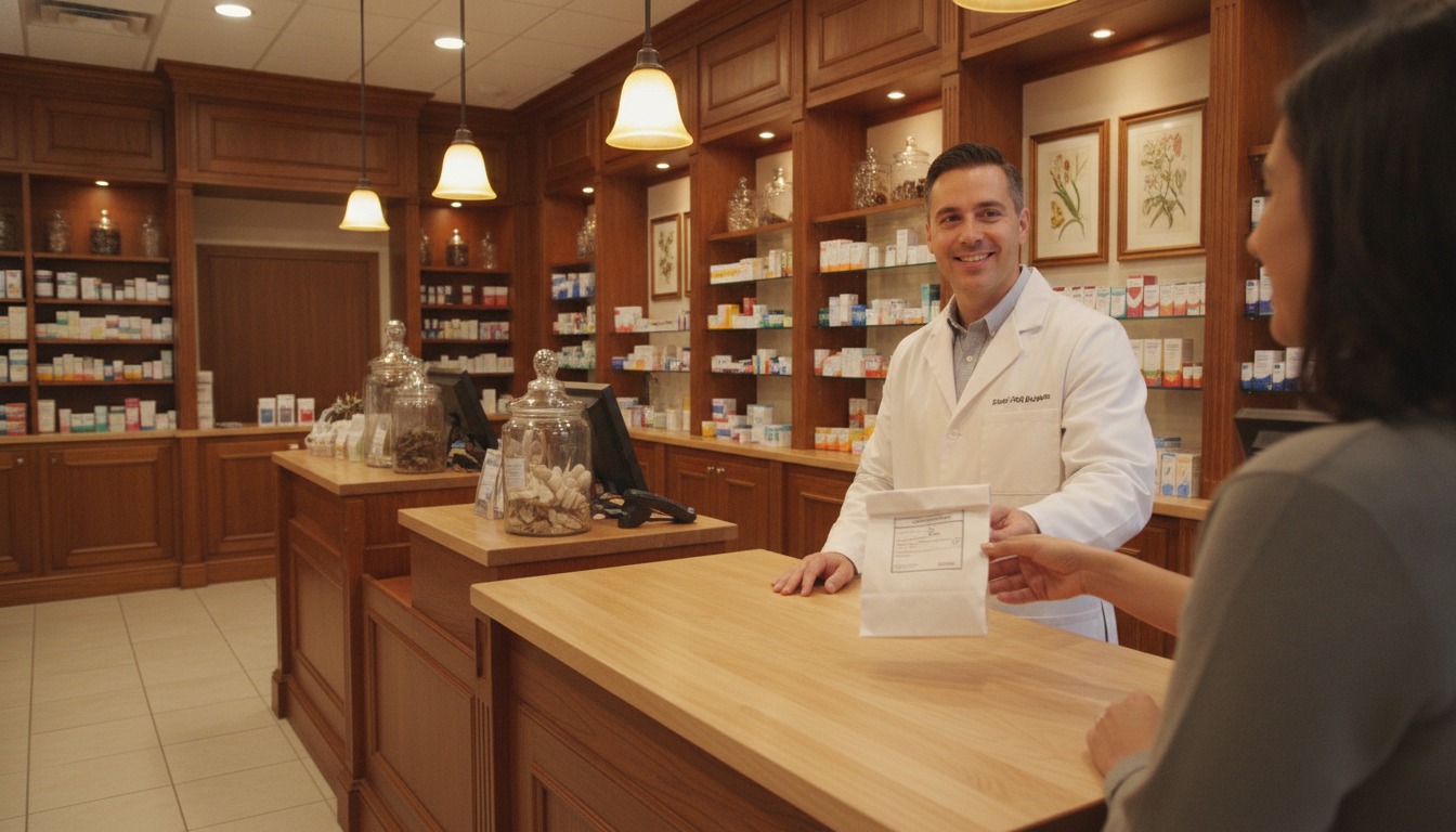 Friendly pharmacist handing a prescription across a counter in a warmly lit pharmacy with wood tones