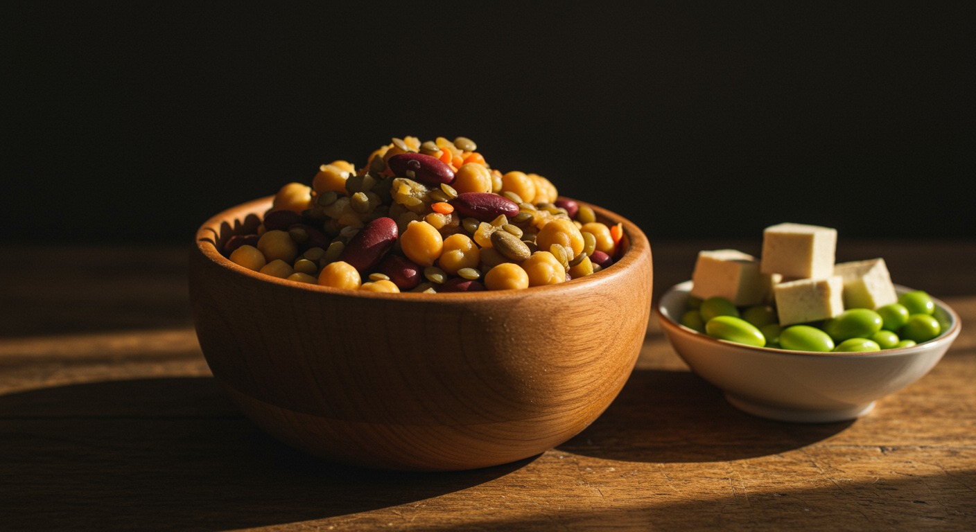 A wooden bowl of mixed cooked beans, lentils, and chickpeas on a rustic kitchen table beside a small dish of edamame and tofu cubes in warm natural light