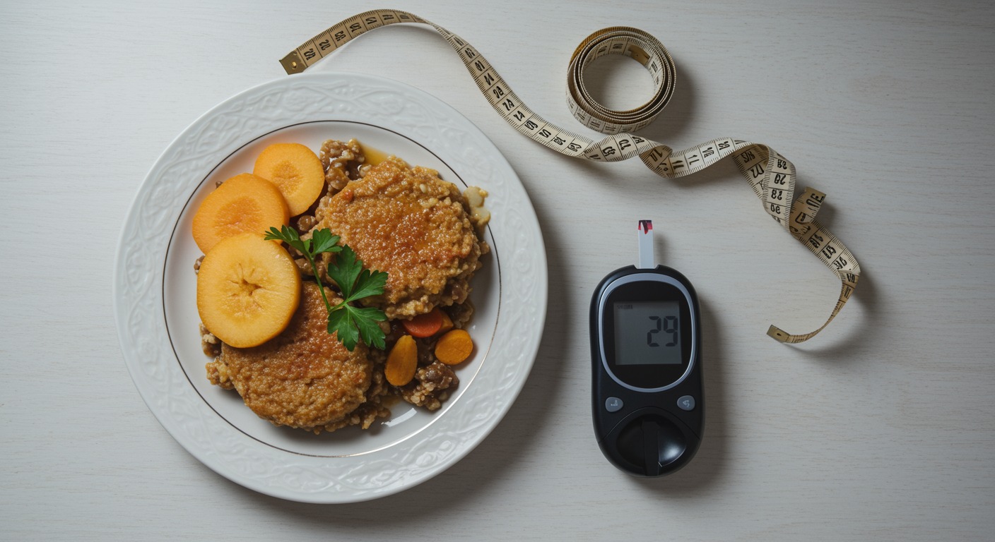 Overhead flat-lay of a balanced plate of food with measuring tape and a glucometer on a white table