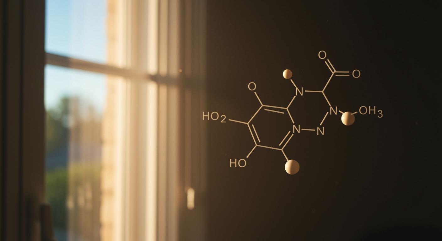 Photorealistic morning sunlight streaming through window with cortisol molecule visualization, showing light's effect on stress hormone regulation, soft endocrinological lighting, no text