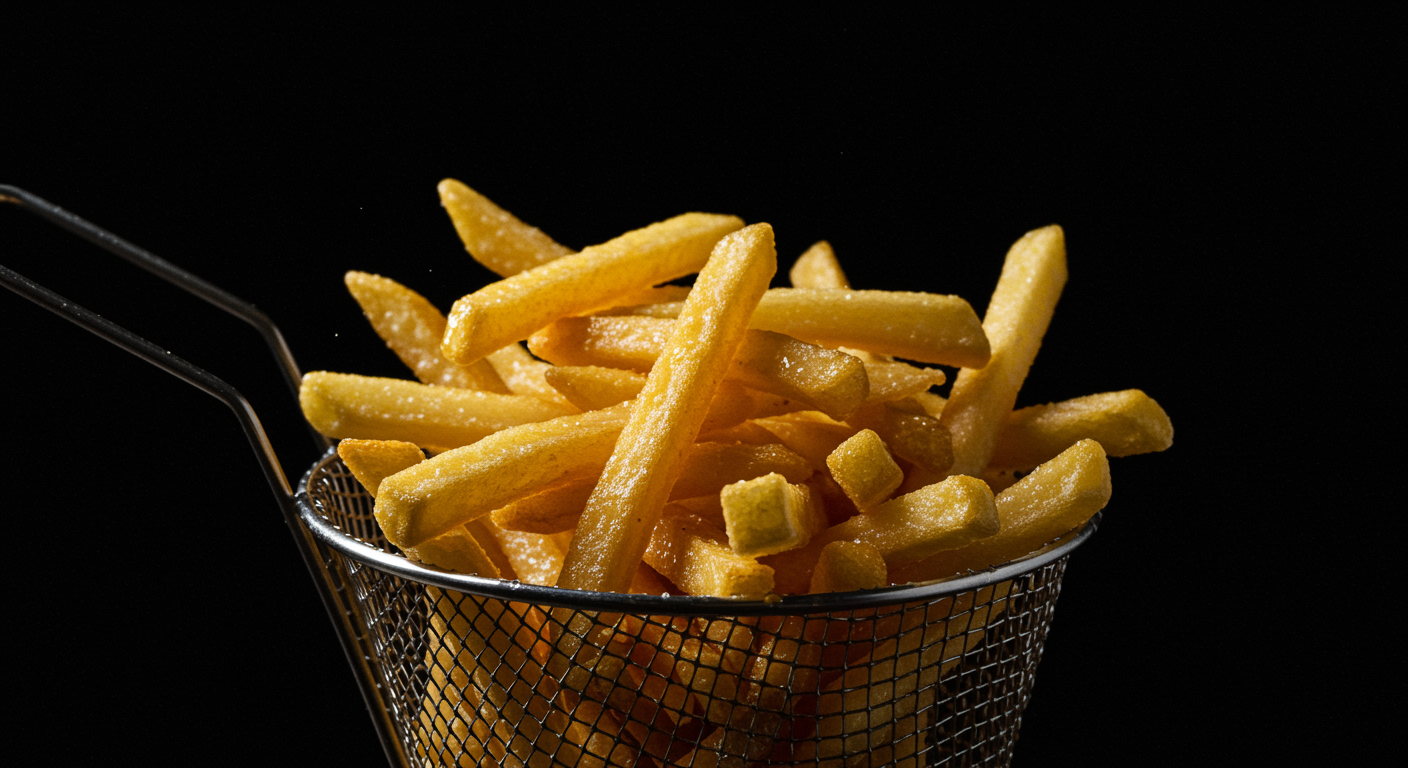 Fries being fried in vegetable oil rich in linoleic acid