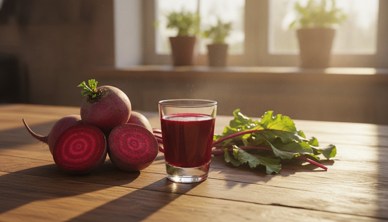 A shot glass of deep red beetroot juice beside fresh beets and leafy greens on a warm wooden table in golden window light