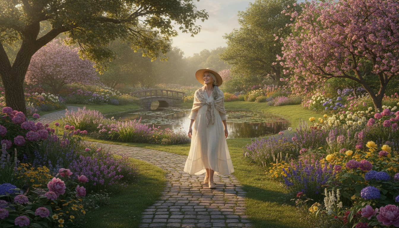 Hopeful older adult enjoying a quiet morning walk through a sunlit garden with warm golden light and blooming flowers