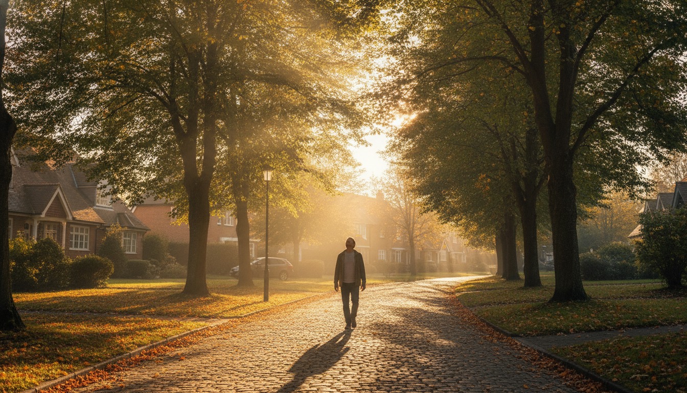 Person walking on a tree-lined neighborhood path on a sunny afternoon with warm golden light filtering through leaves
