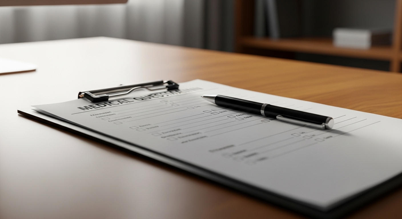 Medical questionnaire on clipboard with pen on clean white desk with natural lighting