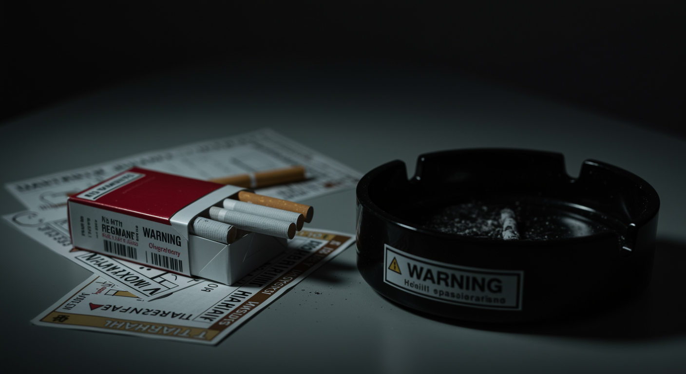 Cigarette pack and ashtray on a medical desk with health warning labels
