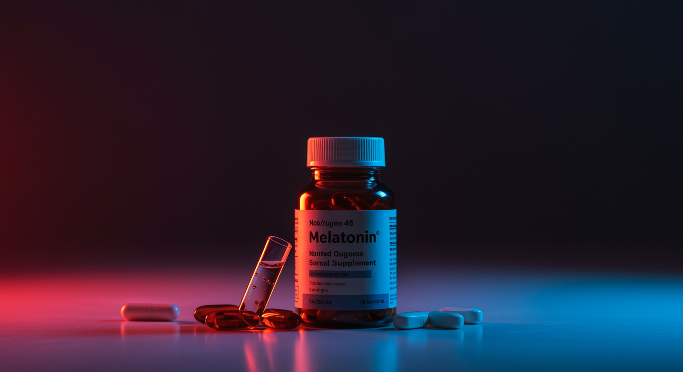 Photorealistic melatonin supplement bottles with quality control testing visualization, showing contamination and purity analysis, soft pharmaceutical safety lighting, no text