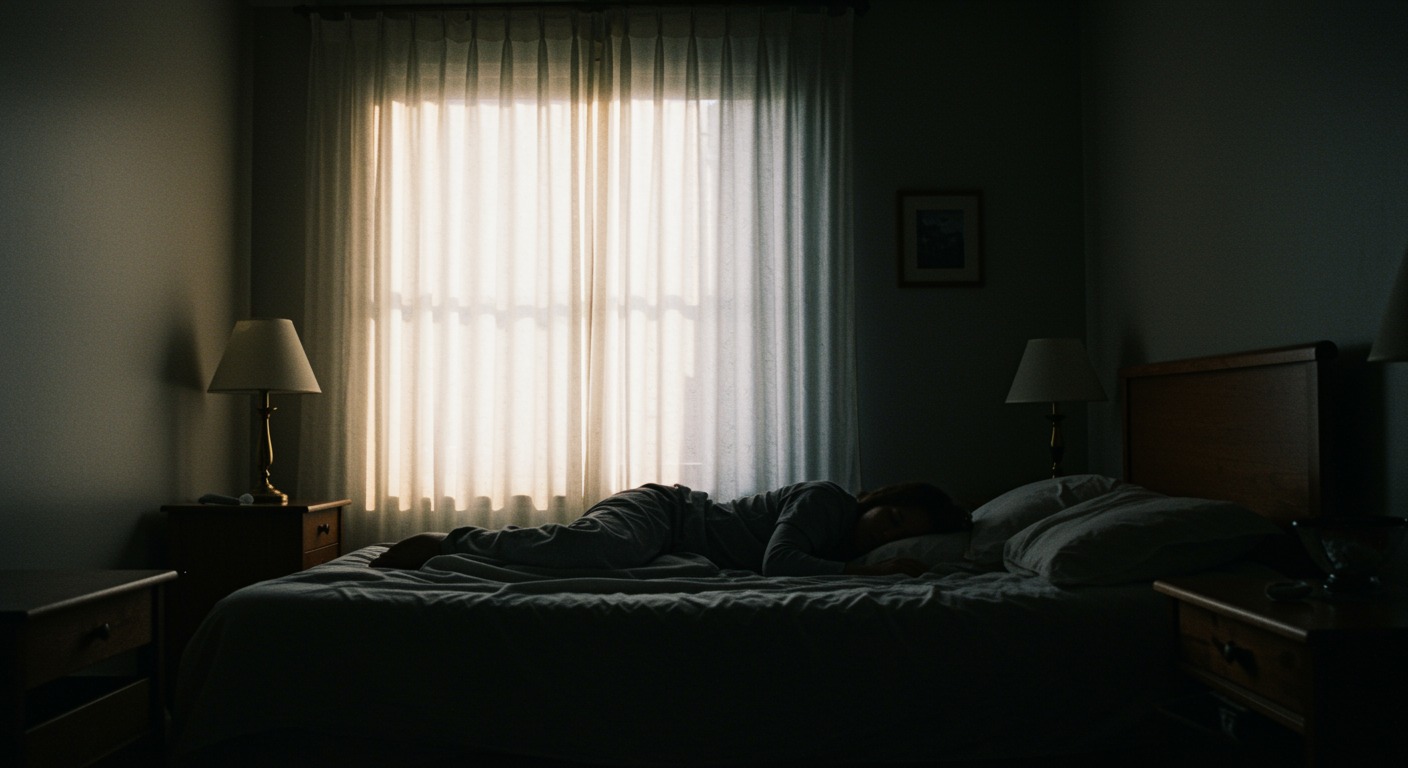 A person sleeping peacefully in a dim bedroom during daytime with the curtains drawn against bright morning light
