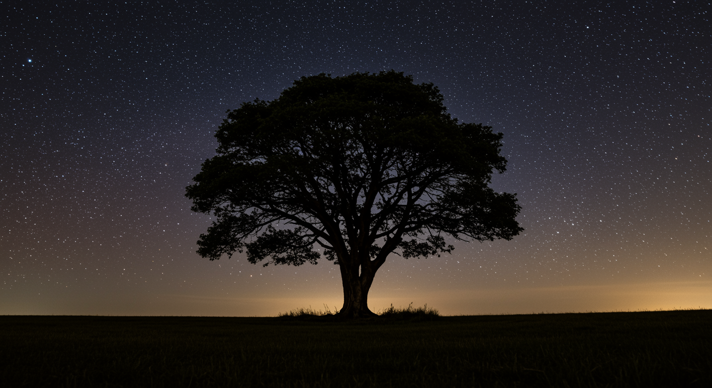 Single ancient tree silhouette against starry night sky with soft moonlight
