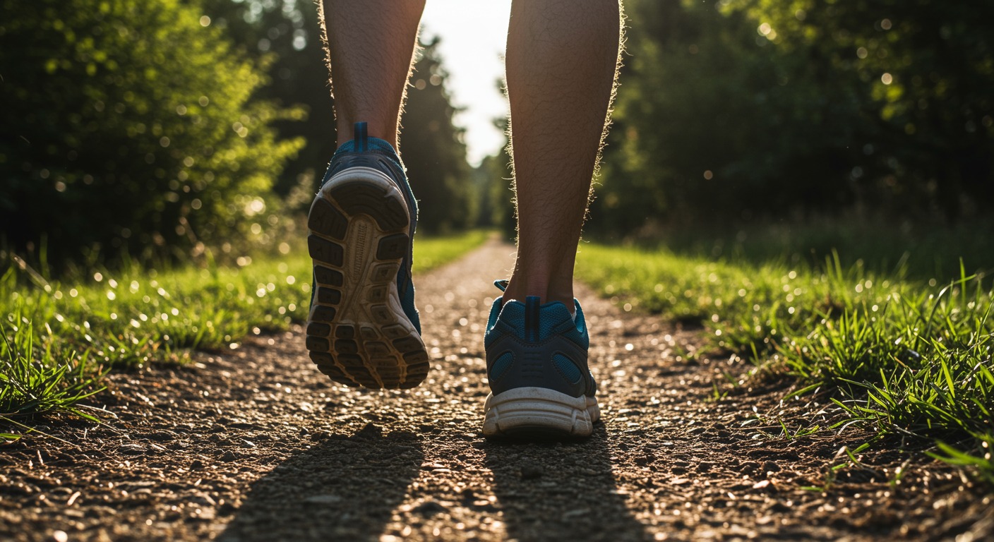 Running shoes on sunny trail