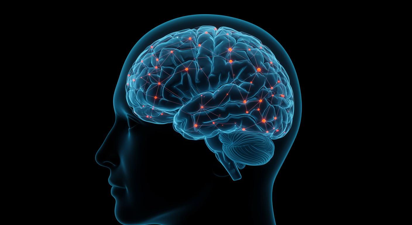 Photorealistic visualization of cognitive decline with sleep deprivation, showing brain networks with reduced connectivity, soft neuroscientific lighting, no text