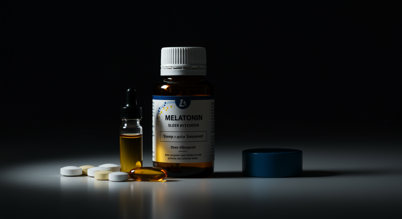 Photorealistic melatonin supplement with sleep improvement visualization, showing meta-analysis data and sleep quality enhancement, soft pharmaceutical lighting, no text