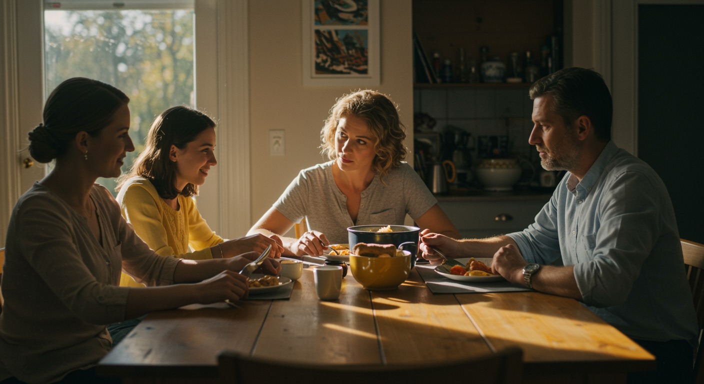 Supportive family sharing a warm moment together over a home-cooked meal at a sunlit wooden dining table
