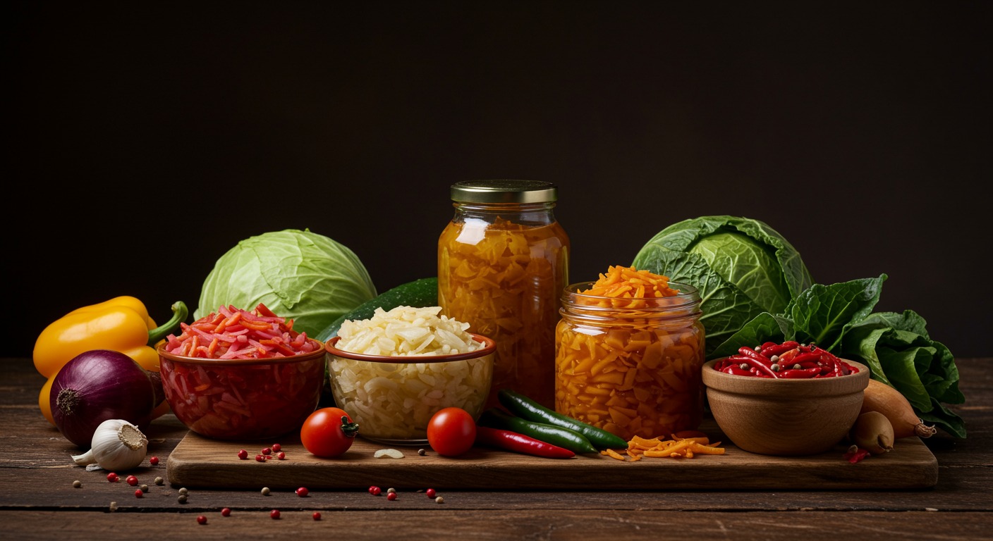 Colorful fermented foods and fresh vegetables arranged on a wooden kitchen table
