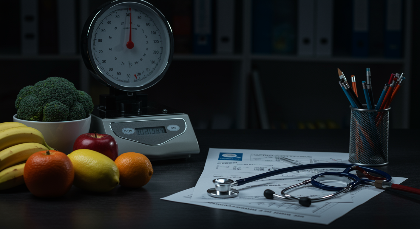 Medical scale and stethoscope on a desk with healthy foods and research papers showing obesity-GERD connection studies