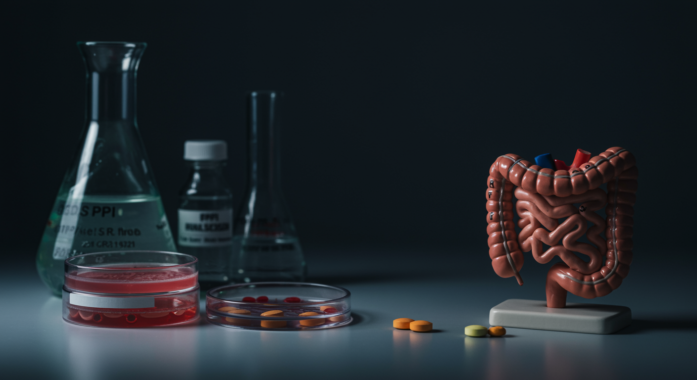 Medical laboratory showing PPI medications alongside bacterial culture plates and small intestine anatomical models