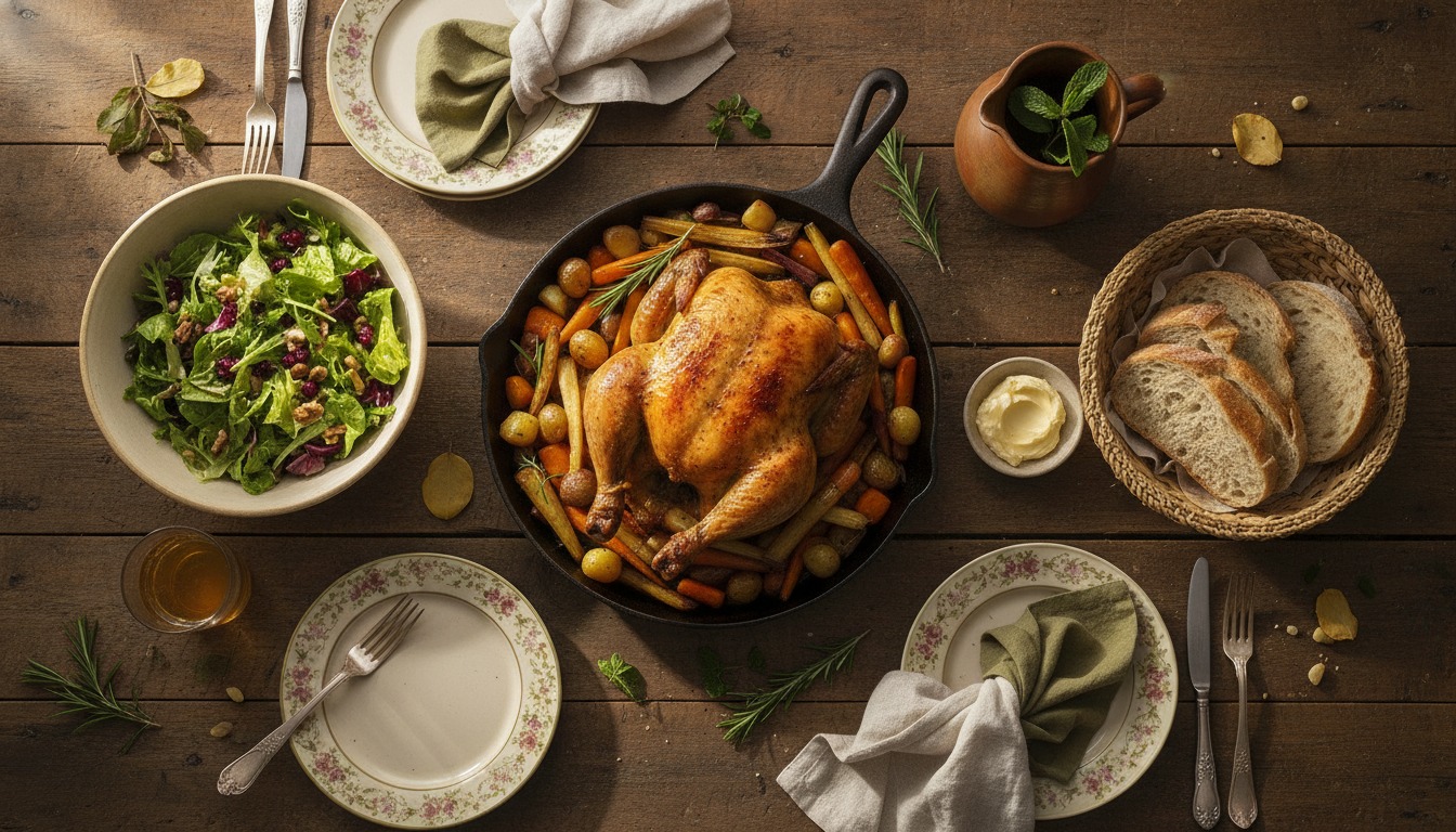 Overhead flat-lay of a wholesome home-cooked meal on a rustic wooden table with warm natural light and earthy tones
