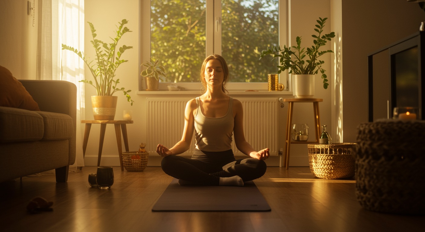 A peaceful meditation scene in a sunlit living room with a yoga mat, warm natural light streaming through windows, plants and calming decor