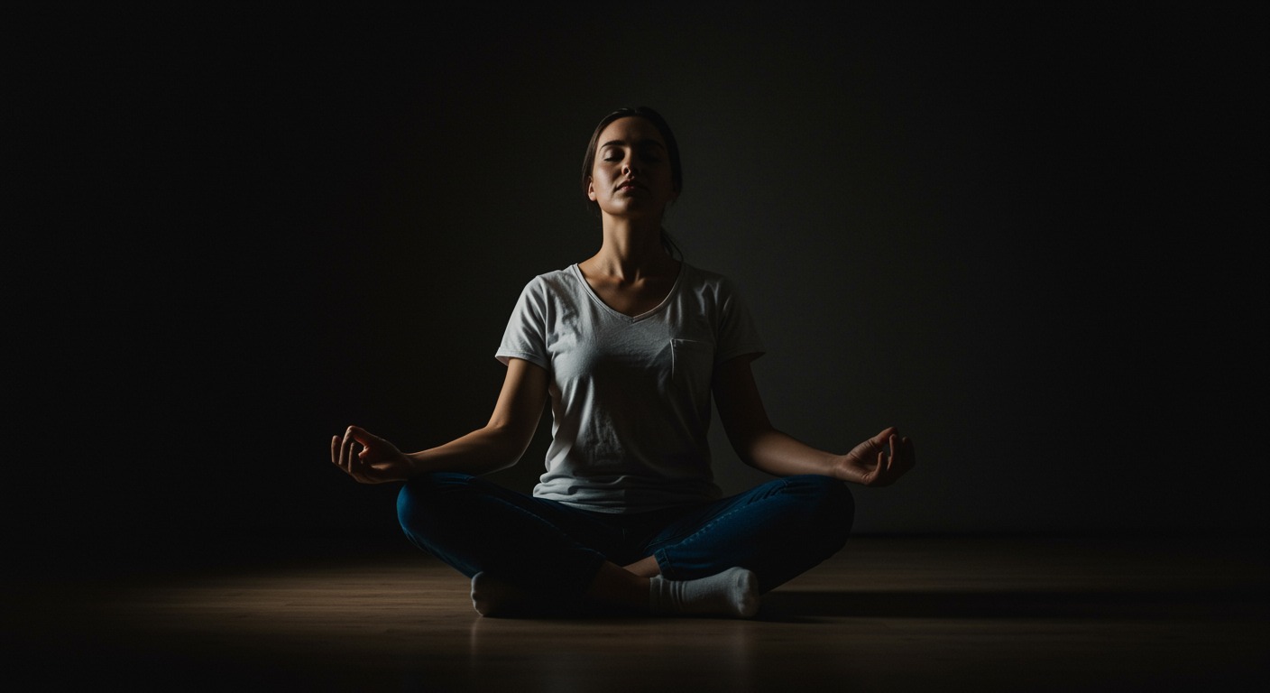 Photorealistic person practicing mindfulness meditation with sleep quality improvement visualization, showing peaceful rest and reduced fatigue, soft meditative lighting, no text