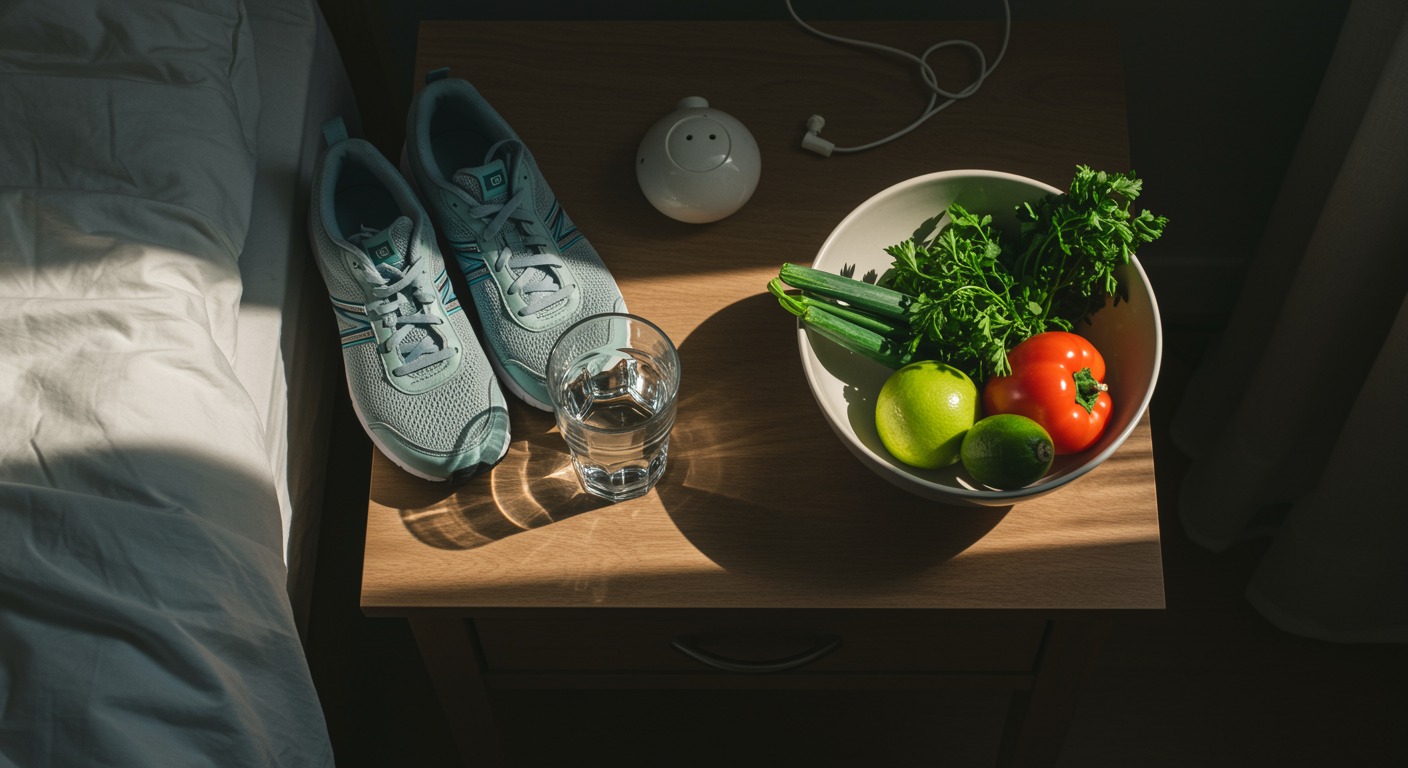 Photorealistic overhead view of a bedside table with a glass of water, running shoes, and a bowl of fresh vegetables in soft morning light