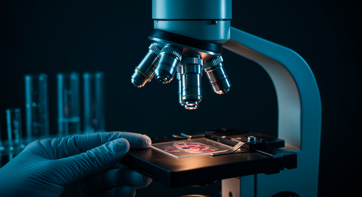 Laboratory microscope with cellular samples on slide