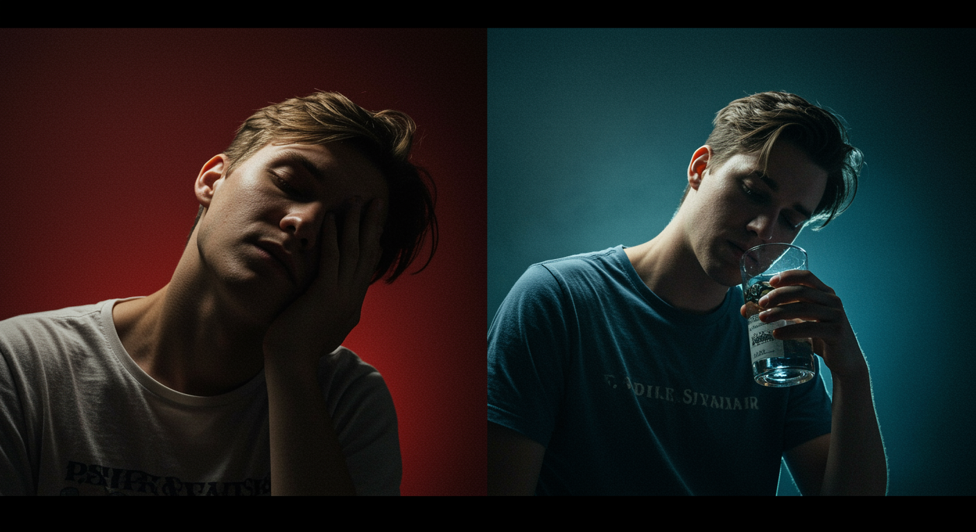 Photorealistic comparison showing sleep-deprived person and alcohol-impaired person with equivalent performance metrics, demonstrating similar impairment levels, soft comparative lighting, no text