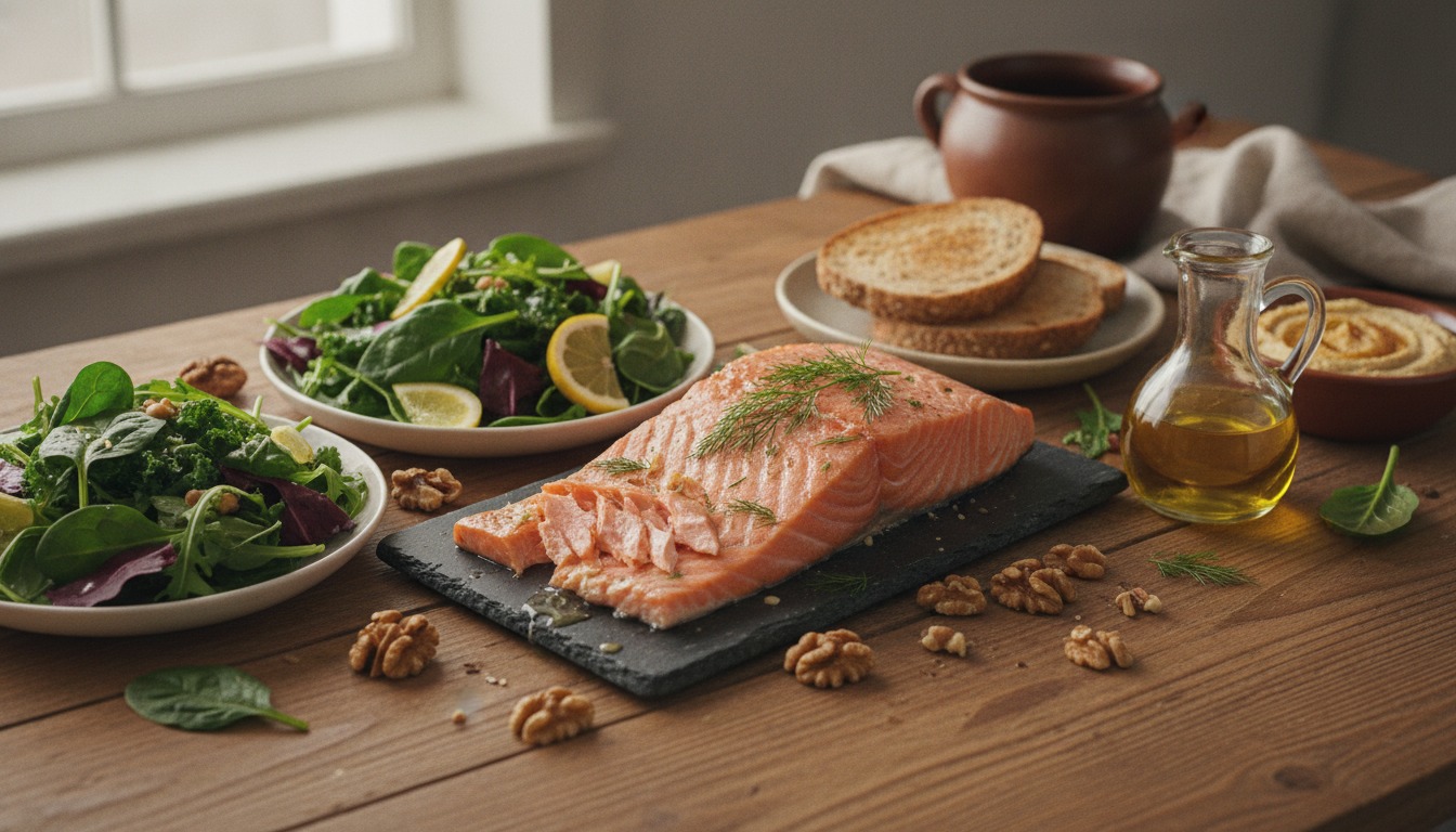 Heart-healthy spread of salmon, olive oil, walnuts, and leafy greens on a warm rustic wooden table with soft natural window light