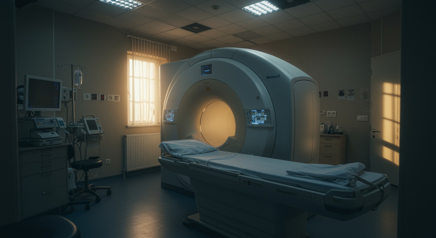 A quiet hospital MRI scanner room with soft morning light coming through a window and a neatly made patient bed