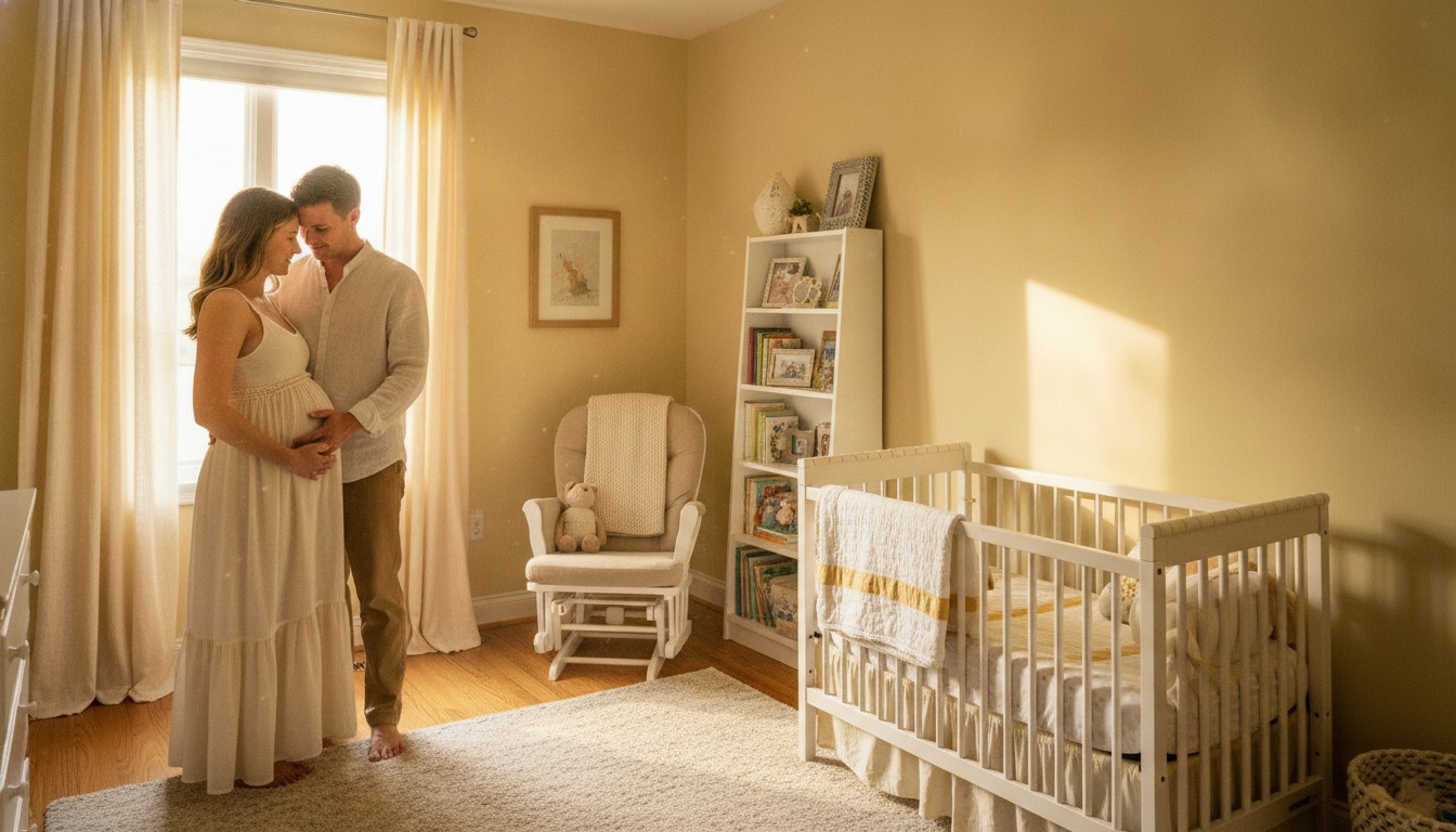Expecting parents sharing a tender moment in a sunlit nursery with warm golden tones and soft blankets
