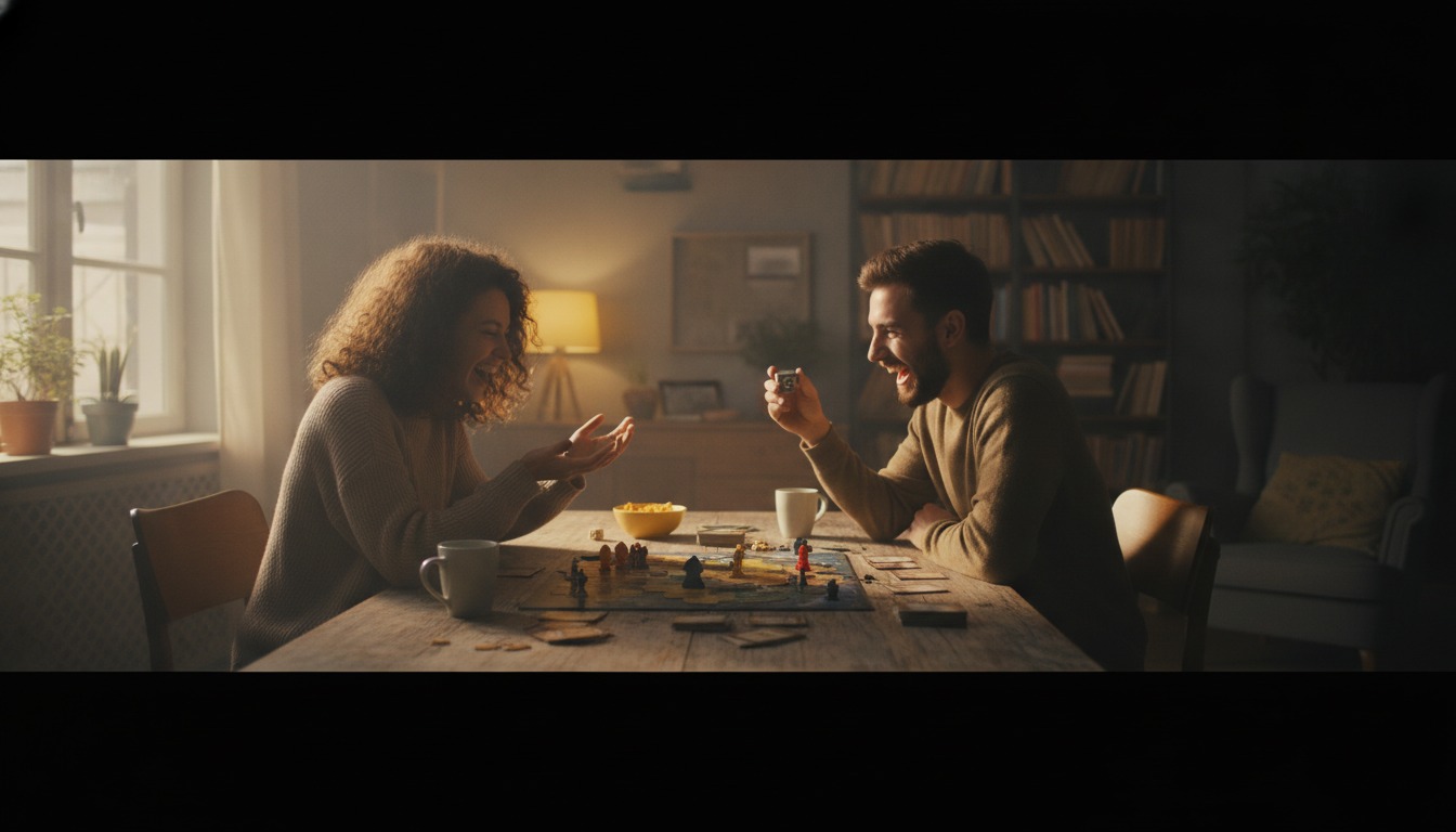 Two friends playing a lively board game at a wooden table in a warmly lit room with soft natural light
