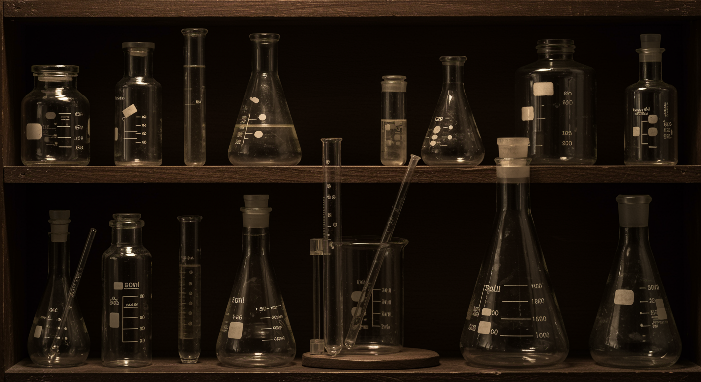 Vintage glass test tubes and beakers on wooden shelves, warm sepia lighting, no text, scientific atmosphere
