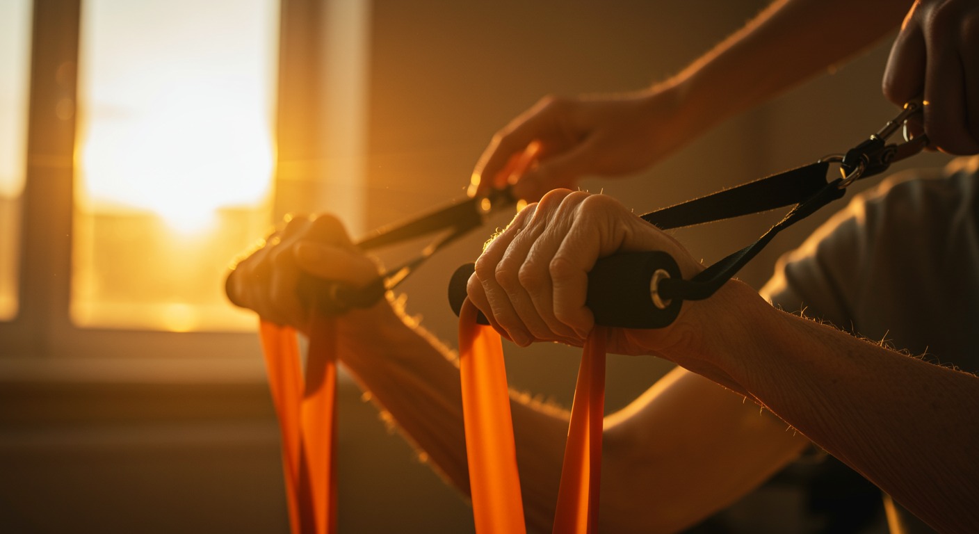 Elderly person's hands firmly gripping a resistance band during a guided physical therapy session, warm encouraging lighting showing muscle engagement