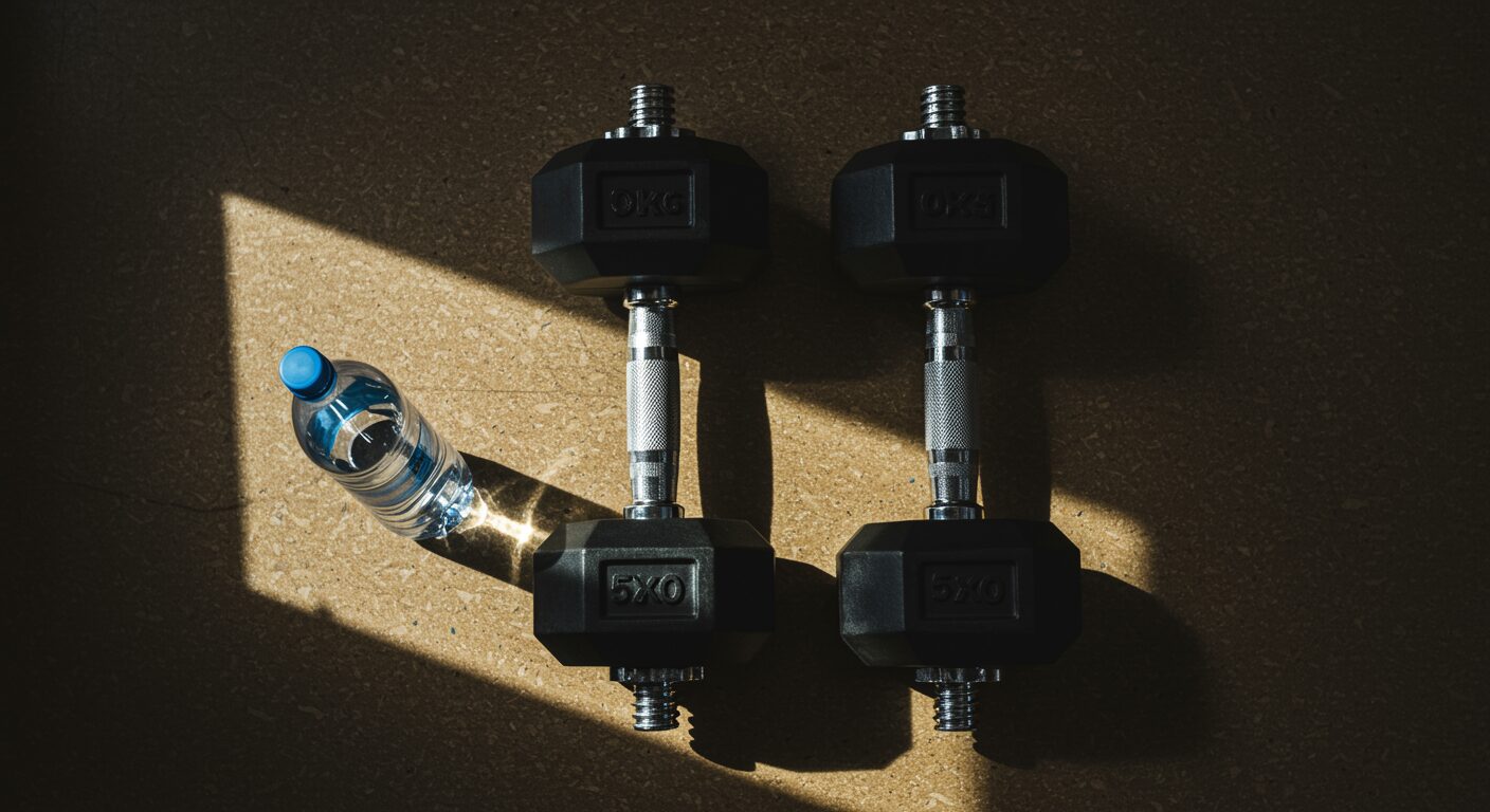 Overhead shot of gym equipment including dumbbells and a water bottle on a concrete floor with harsh directional light