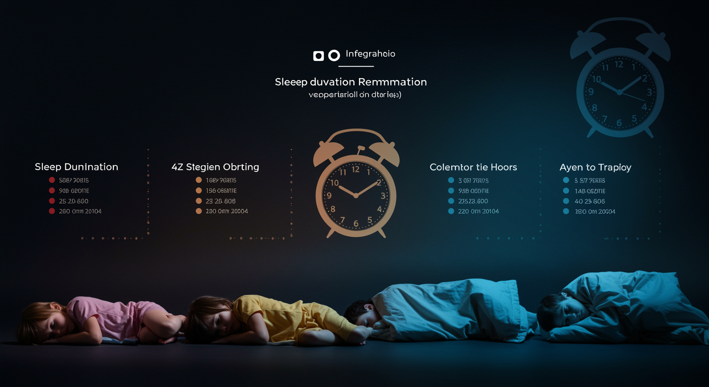 Photorealistic infographic showing sleep duration recommendations across different age groups, with clock faces and sleeping figures, soft educational lighting, no text