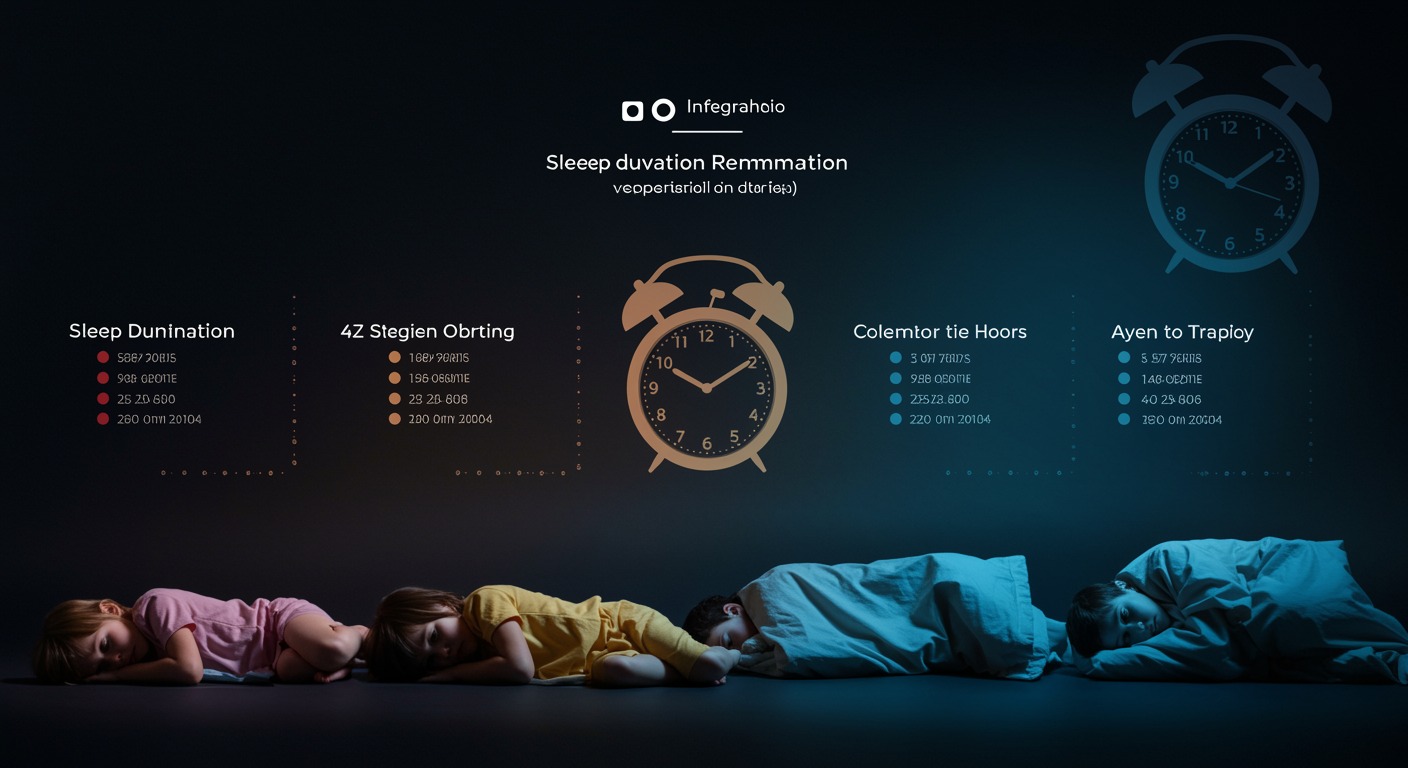 Photorealistic infographic showing sleep duration recommendations across different age groups, with clock faces and sleeping figures, soft educational lighting, no text