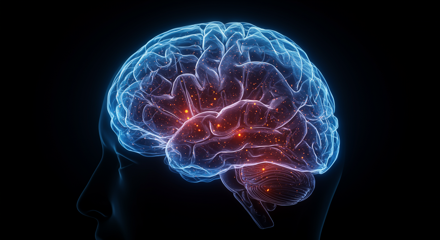 Photorealistic brain visualization showing cognitive networks with sleep restriction effects, demonstrating impaired neural processing, soft neuroscientific lighting, no text
