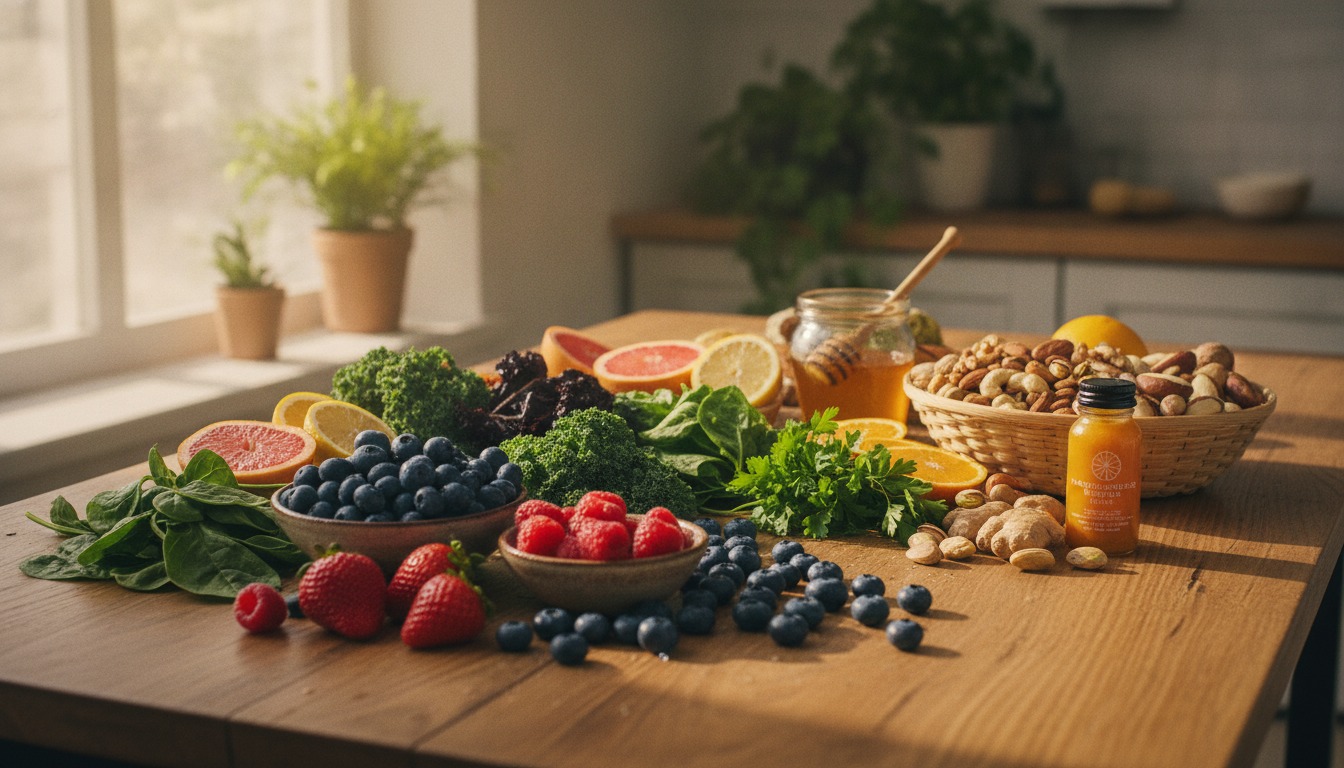 Colorful immune-supporting foods including berries, greens, and nuts on a warm wooden surface in golden window light
